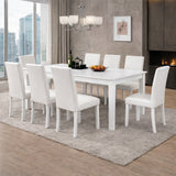 Modern 9-Piece 78.7 Inch Rectangular Dining Set, White Finish with White PU Leather Upholstered Chairs, Solid Rubberwood