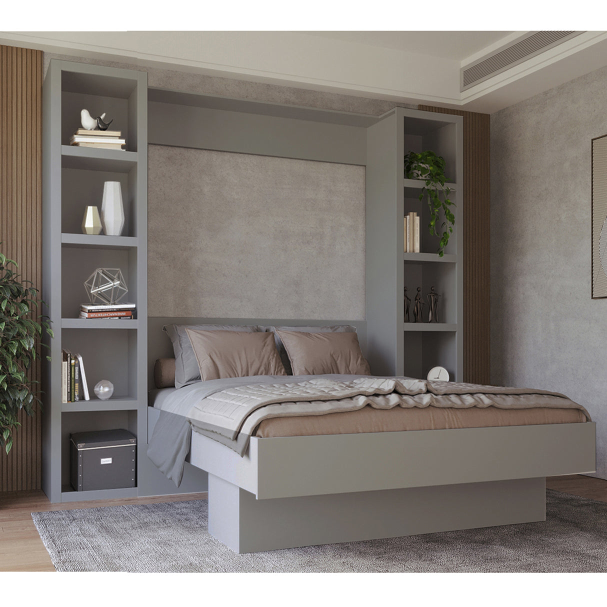 Easy-Lift Queen Murphy Wall Bed in Grey with Two Bookshelves - Sharicks