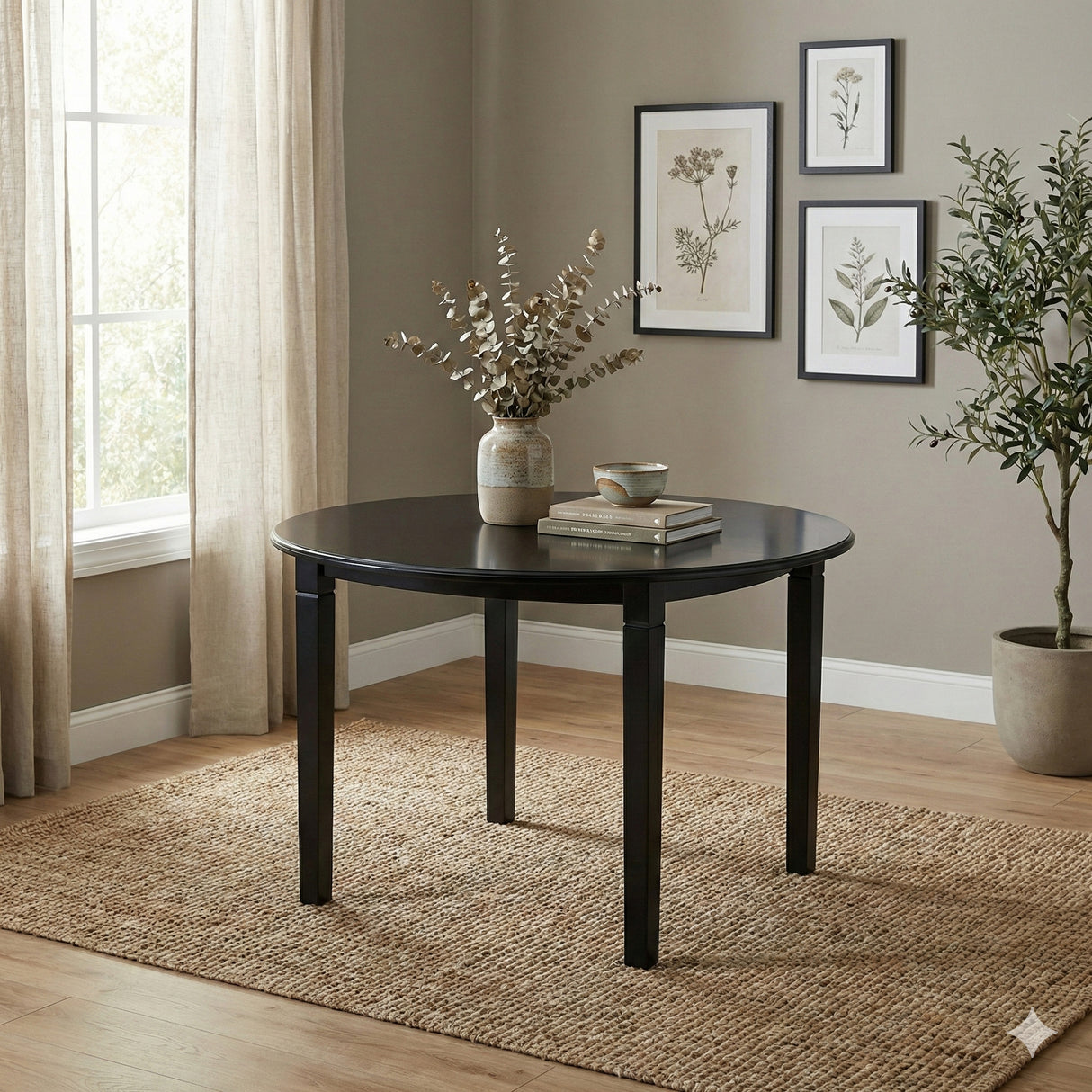 Modern 5-Piece 42 Inch Round Dining Set, Black Finish with Sand Beige Polyester Upholstered Chairs, Solid Rubberwood