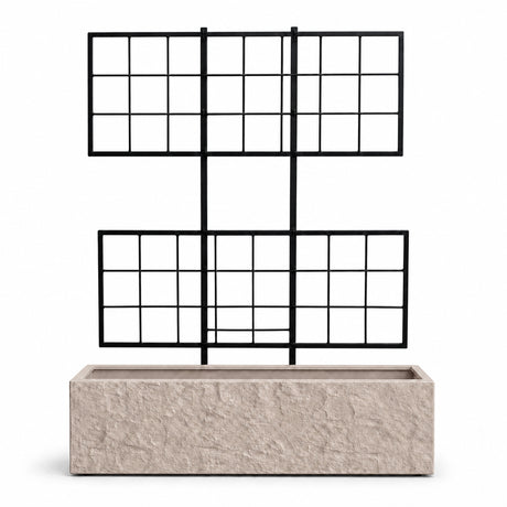 Rock Texture Rectangular Polystone Planter with Steel Trellis, Sand