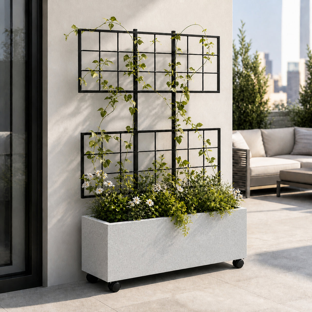 Wide Smooth Polystone Rectangular Planter with Steel Trellis and Wheels, Gray