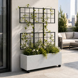 Wide Smooth Polystone Rectangular Planter with Steel Trellis and Wheels, Gray