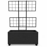 Smooth Rectangular Polystone Planter with Steel Trellis and Wheels, Black