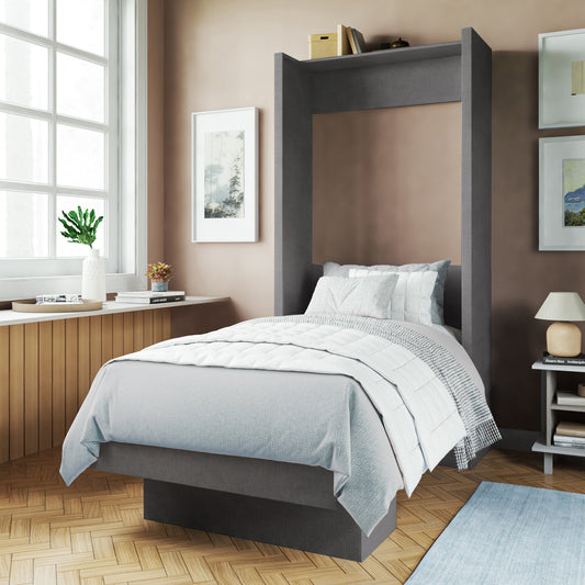 Easy-Lift Twin Murphy Wall Bed in Dark Grey with Shelf