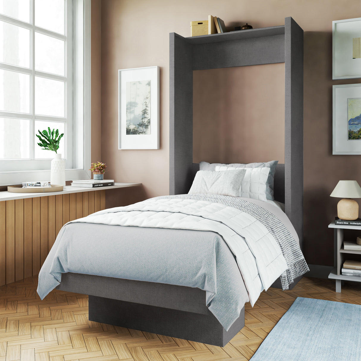 Easy-Lift Twin Murphy Wall Bed in Dark Grey with Shelf - Sharicks