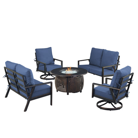 Black Aluminum Fire Table Set with Two Deep Seating Loveseat with Cushions and Two Club Chairs - Sharicks