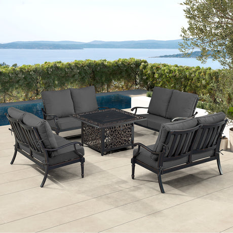 Black Aluminum Fire Table Set with Four Deep Seating Loveseats - Sharicks