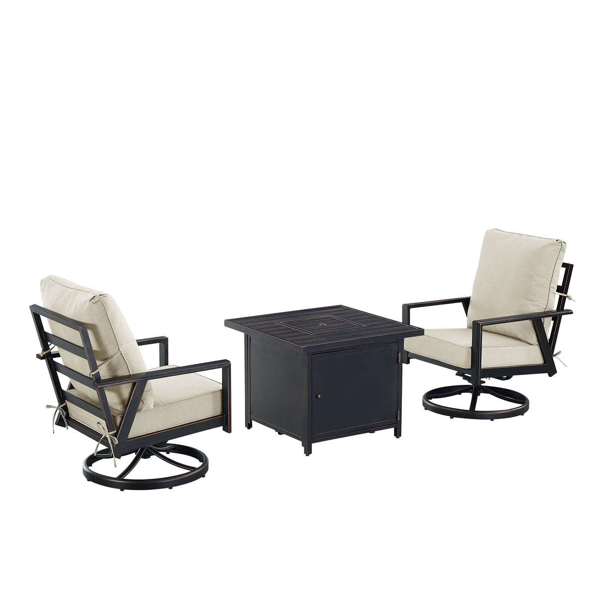 Black Aluminum Fire Table Bistro Set with Two Club Chairs