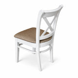 Farmhouse Dining Chairs, Set of 2, White Finish with Brown Polyester Upholstered Seats Solid Rubberwood