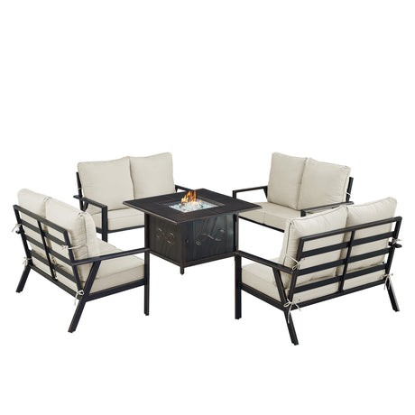 Black Aluminum Fire Table Set with Four Deep Seating Loveseat with Cushions - Sharicks