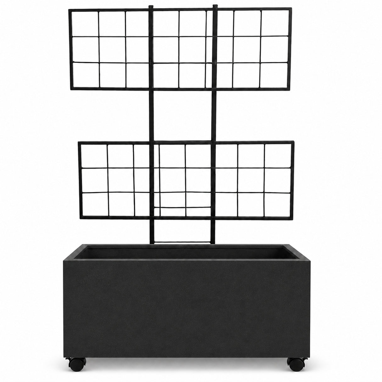 Wide Smooth Polystone Rectangular Planter with Steel Trellis and Wheels, Black