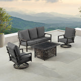 Black Aluminum Fire Table Set with Deep Seating Sofa with Cushion and Two Club Chairs - Sharicks