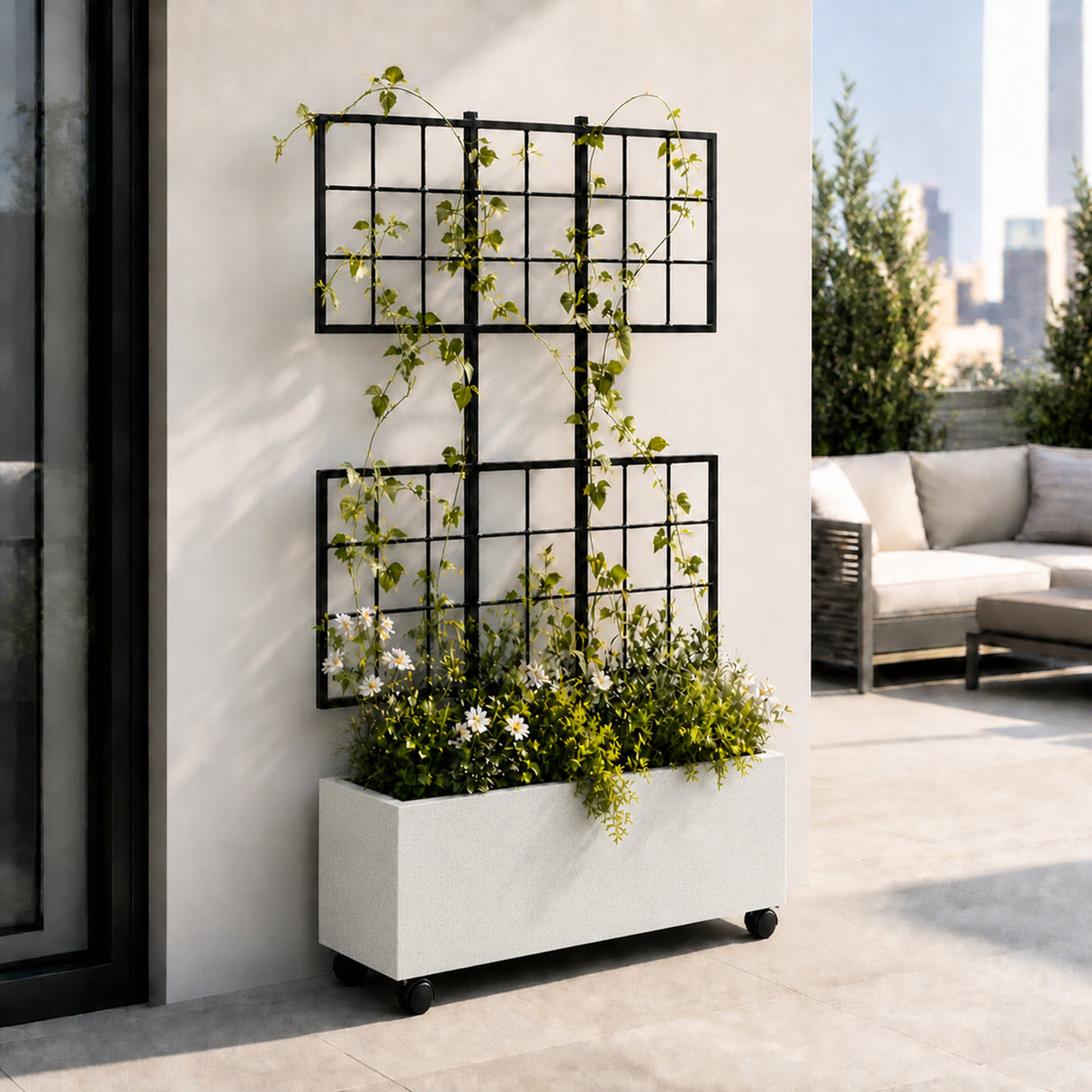 Smooth Rectangular Polystone Planter with Steel Trellis and Wheels, White
