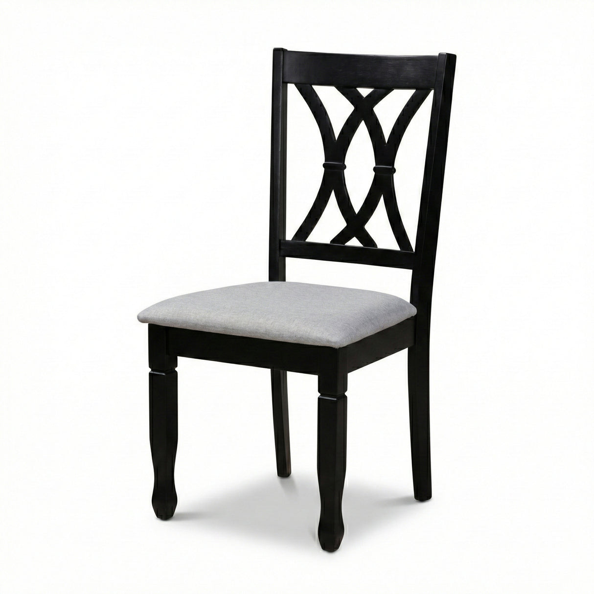 Traditional Dining Chairs, Set of 2, Black Finish with Grey Polyester Upholstered Seats Solid Rubberwood