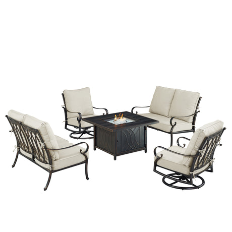 Black Aluminum Fire Table Set with Two Loveseats and Two Club Chairs - Sharicks