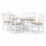 Farmhouse 7-Piece Inch Oval Extendable Dining Set, White Finish with Brown Polyester Upholstered Chairs, Solid Rubberwood