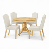 Modern 5-Piece 47 Inch Round Dining Set, Natural Finish with Light Beige Polyester Upholstered Chairs, Solid Rubberwood