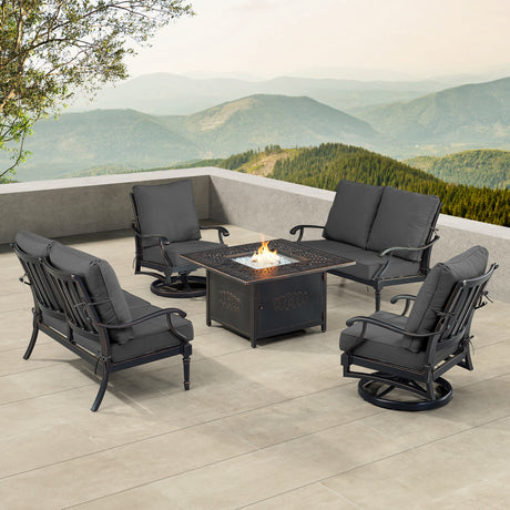 Black Aluminum Fire Table Set with Two Loveseats and Two Club Chairs - Sharicks