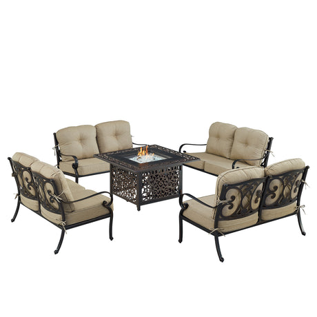 Black Aluminum Fire Table Set with Four Deep Seating Loveseat with Cushions - Sharicks