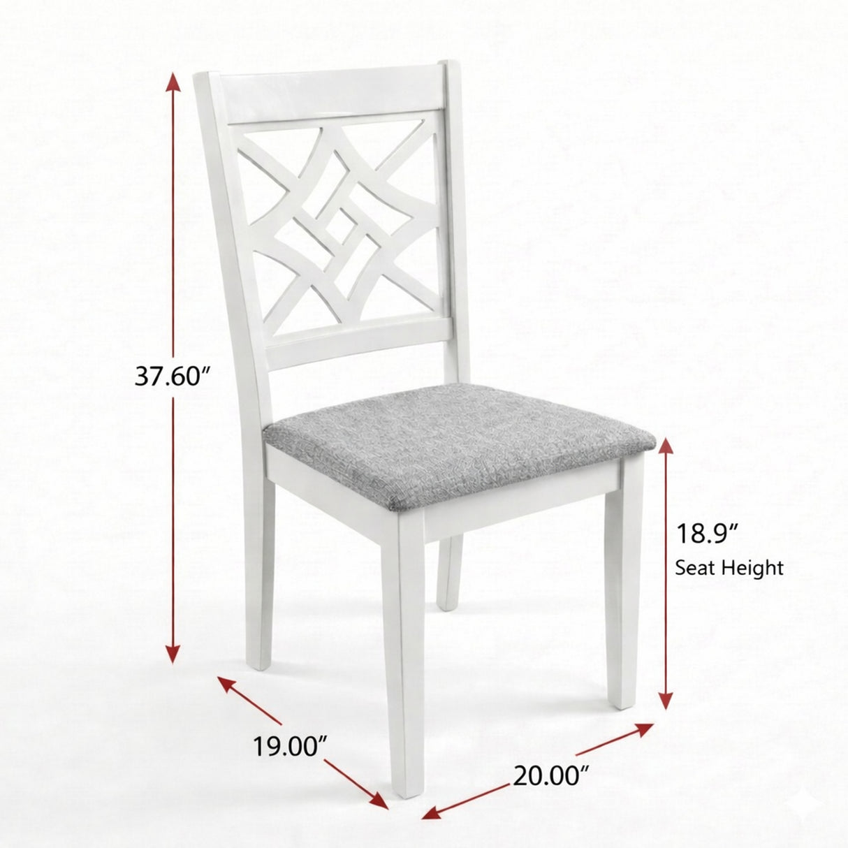 Traditional Dining Chairs, Set of 2, White Finish with Grey Polyester Upholstered Seats Solid Rubberwood