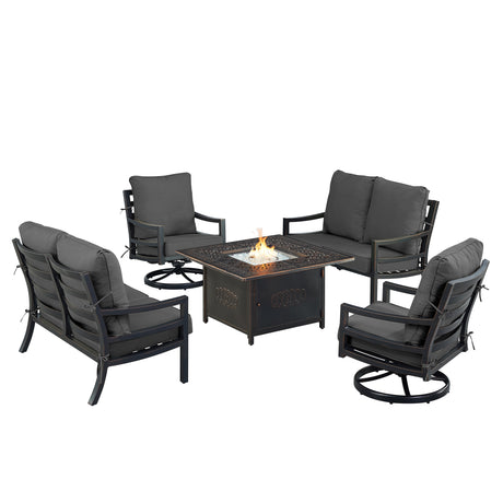 Black Aluminum Fire Table Set with Two Loveseats and Two Club Chairs - Sharicks