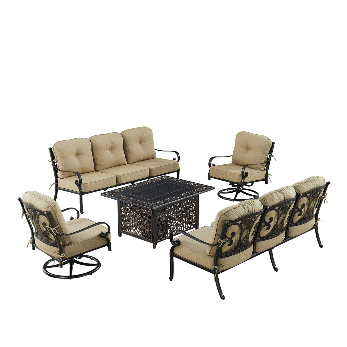 Black Aluminum Fire Table Set with Two Deep Seating Sofa with Cushions and Two Club Chairs