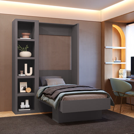 Easy-Lift Twin Murphy Wall Bed in Dark Grey with Bookshelf - Sharicks