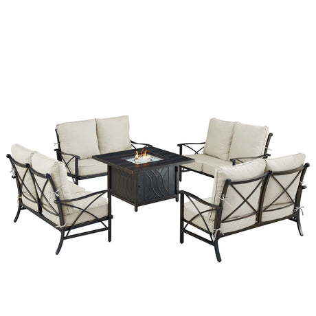 Black Aluminum Fire Table Set with Four Deep Seating Loveseat with Cushions - Sharicks