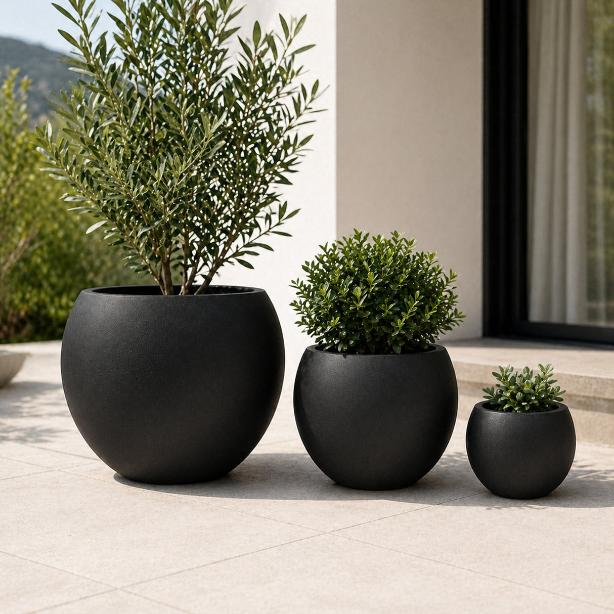 Set of 3 Smooth Round Polystone Indoor/Outdoor Planters, Black