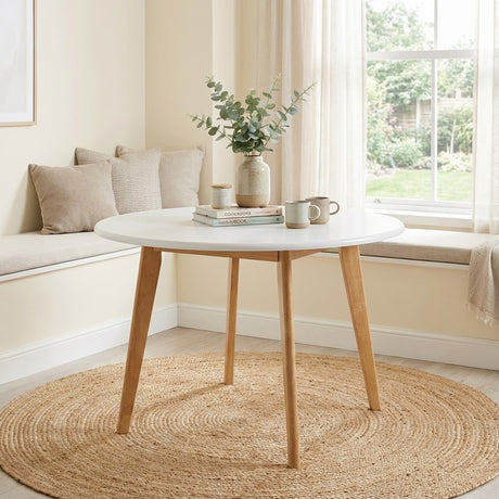 Modern 40.5 Inch Round Dining Table, White/Natural Finish Solid Rubberwood