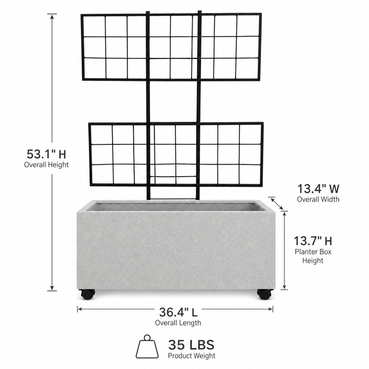 Wide Smooth Polystone Rectangular Planter with Steel Trellis and Wheels, Gray