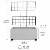 Wide Smooth Polystone Rectangular Planter with Steel Trellis and Wheels, Gray