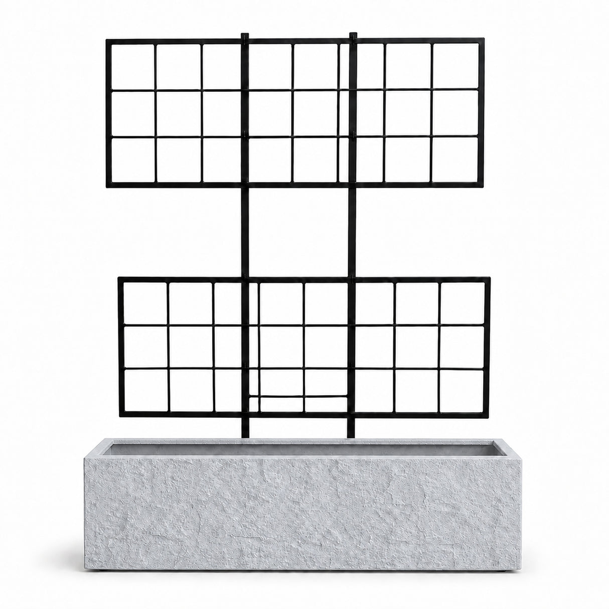 Rock Texture Rectangular Polystone Planter with Steel Trellis, Gray