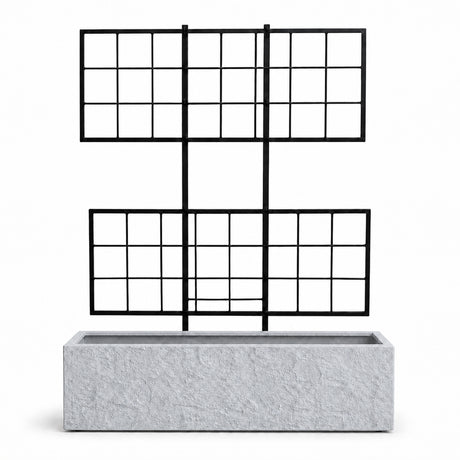 Rock Texture Rectangular Polystone Planter with Steel Trellis, Gray