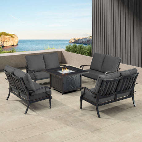 Black Aluminum Fire Table Set with Four Deep Seating Loveseats - Sharicks