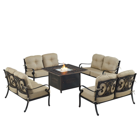 Black Aluminum Fire Table Set with Four Deep Seating Loveseat with Cushions - Sharicks