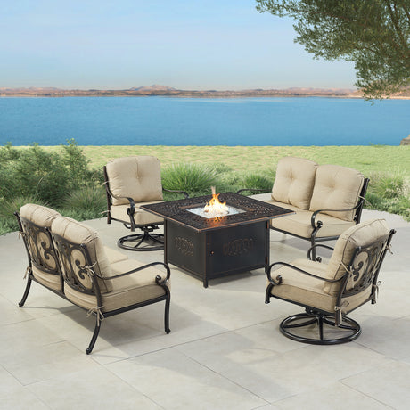 Black Aluminum Fire Table Set with Two Deep Seating Loveseat with Cushions and Two Club Chairs - Sharicks