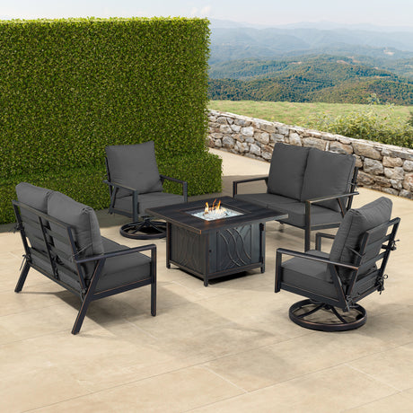 Black Aluminum Fire Table Set with Two Deep Seating Loveseat with Cushions and Two Club Chairs - Sharicks