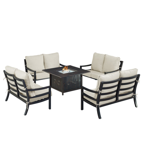 Black Aluminum Fire Table Set with Four Deep Seating Loveseats - Sharicks