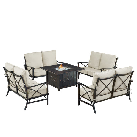 Black Aluminum Fire Table Set with Four Deep Seating Loveseat with Cushions - Sharicks