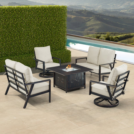 Black Aluminum Fire Table Set with Two Deep Seating Loveseat with Cushions and Two Club Chairs - Sharicks