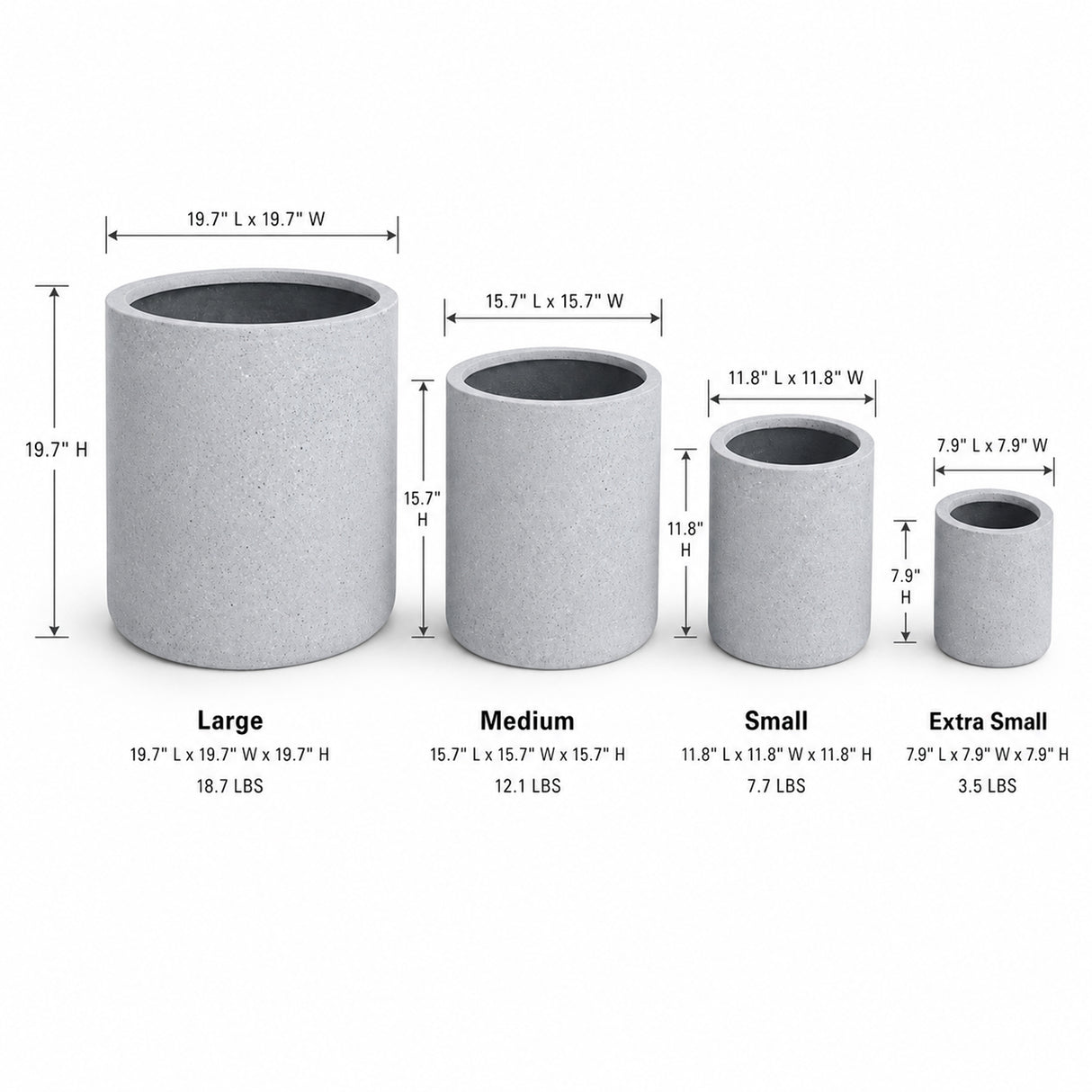 Set of 4 Round Cylinder Polystone Indoor/Outdoor Planters, Gray