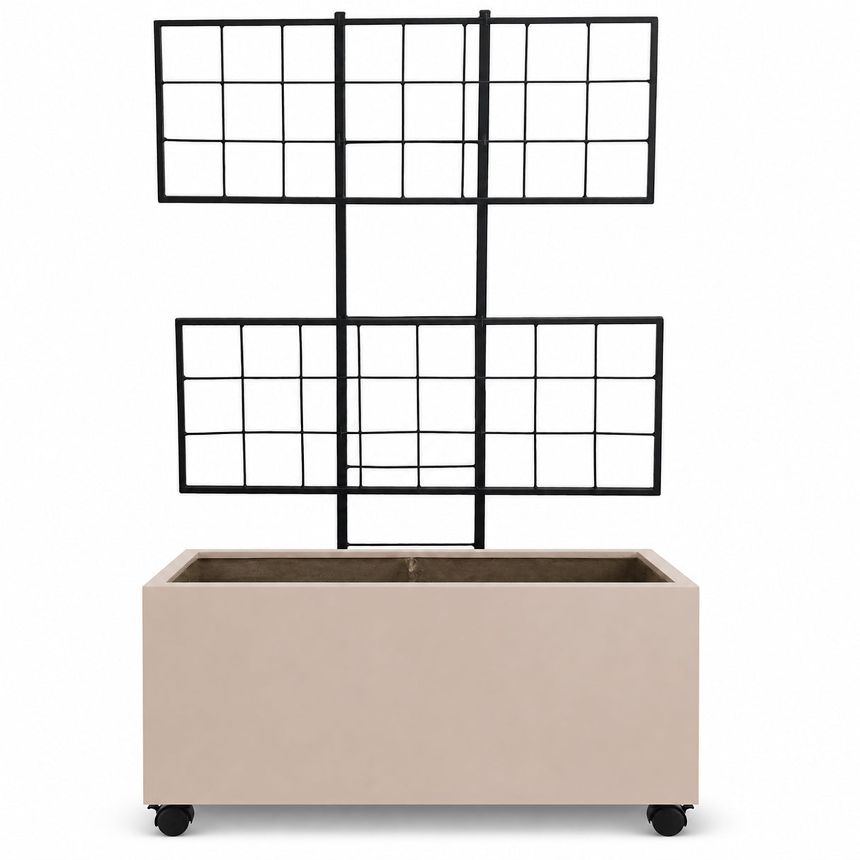 Smooth Rectangular Polystone Planter with Steel Trellis and Wheels, Sand