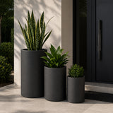 Set of 3 Tall Cylinder Polystone Indoor/Outdoor Planters, Black