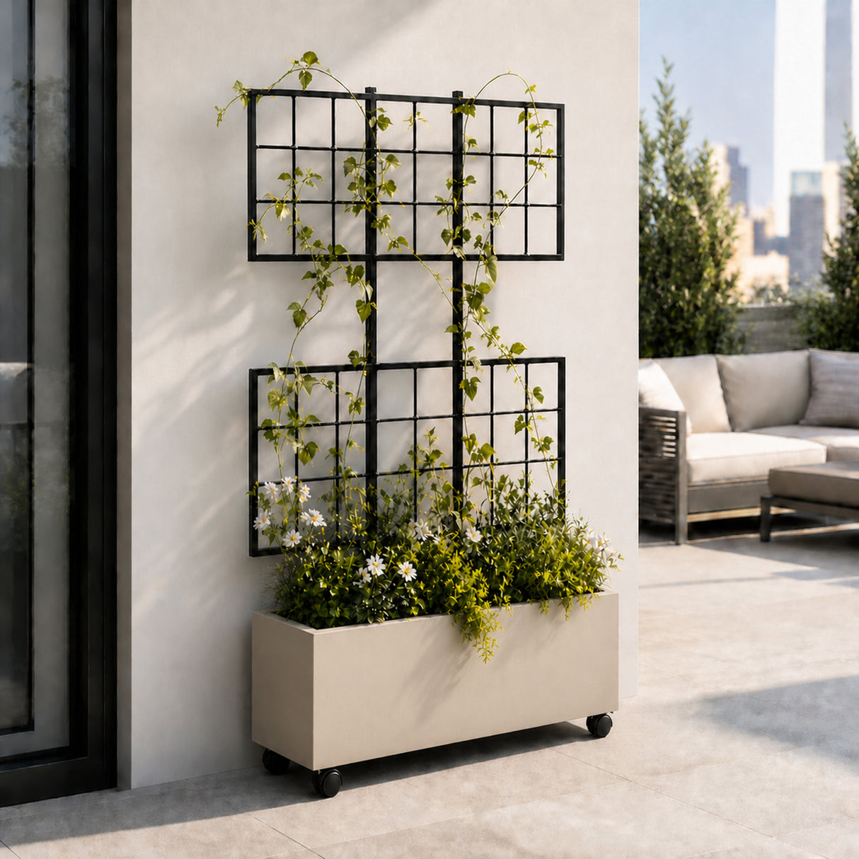 Smooth Rectangular Polystone Planter with Steel Trellis and Wheels, Sand