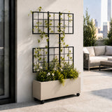 Smooth Rectangular Polystone Planter with Steel Trellis and Wheels, Sand