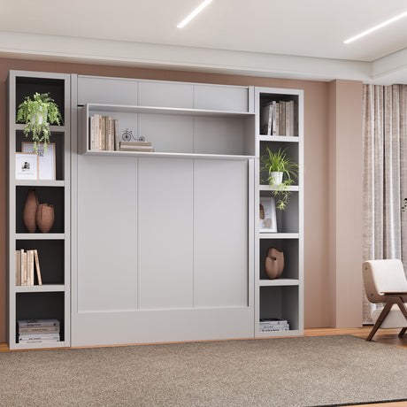 Easy-Lift Full Murphy Wall Bed in White with Two Bookshelves - Sharicks