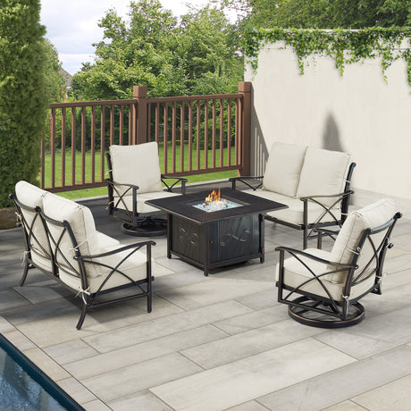 Black Aluminum Fire Table Set with Two Deep Seating Loveseat with Cushions and Two Club Chairs - Sharicks