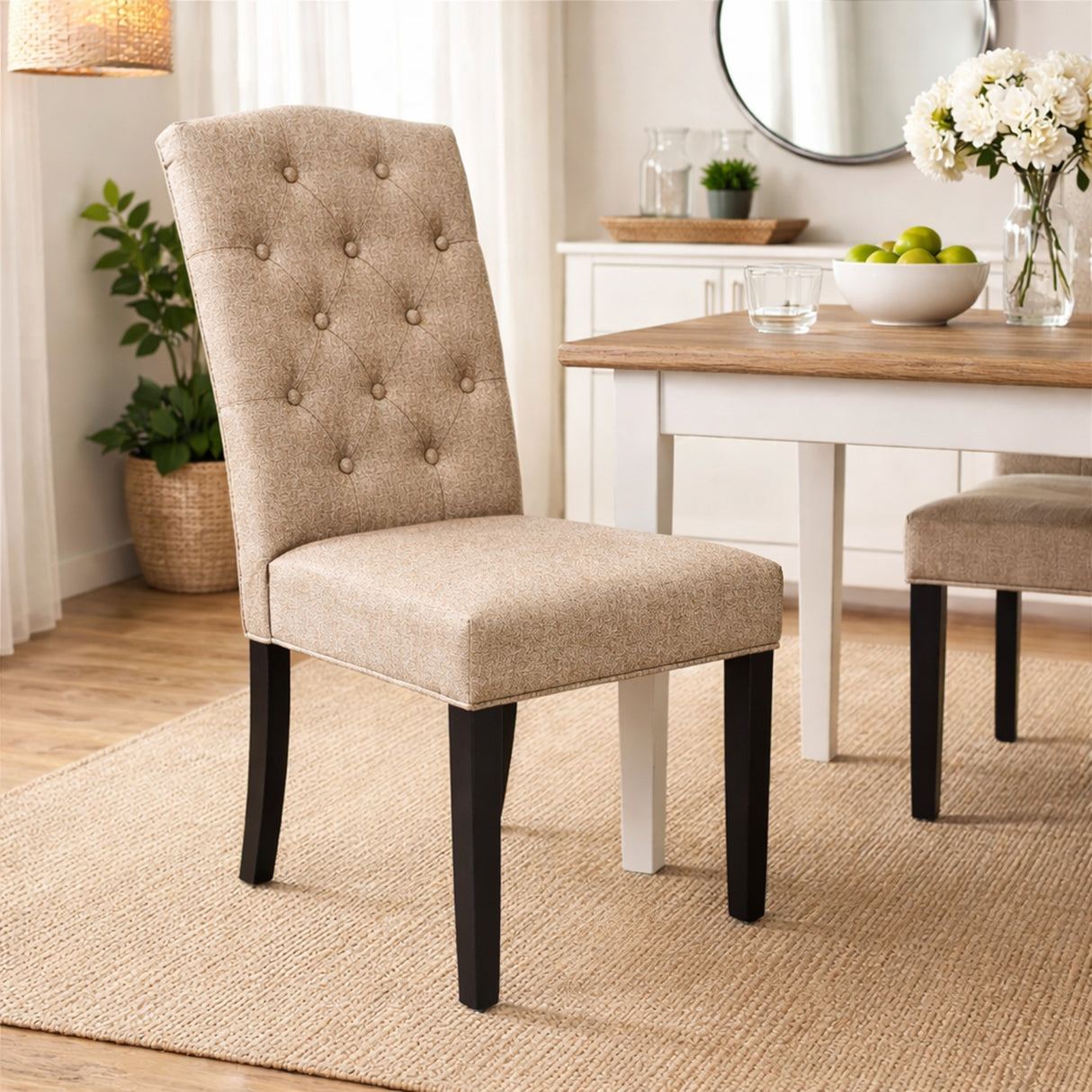 Modern 7-Piece 63 Inch Rectangular Dining Set, Black Finish with Sand Beige Polyester Upholstered Chairs, Solid Rubberwood