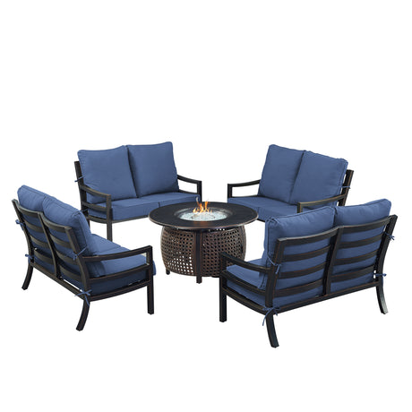 Black Aluminum Fire Table Set with Four Deep Seating Loveseats